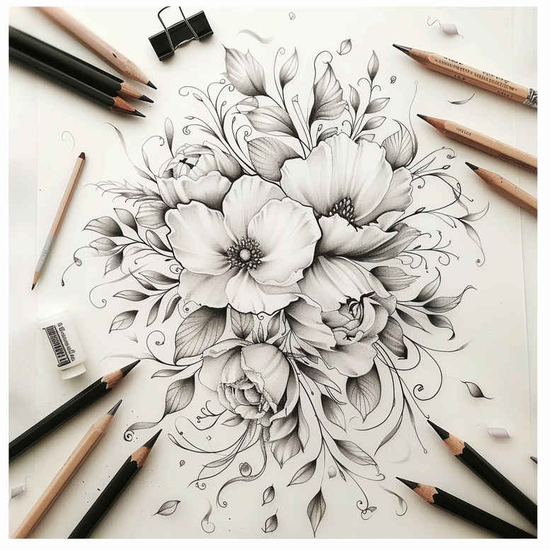Flower arrangement in black and grey pencil sketch; project idea; not ideal for cover-up.