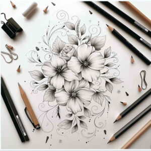 delicate-flowers tattoo design ideas outline only artistic shading for lower chest