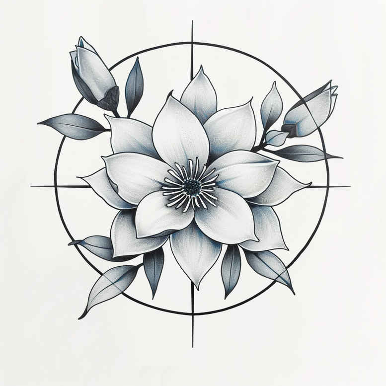 Lotus, petals, leaves, circles, and lines in black and grey; tattoo design project concept.