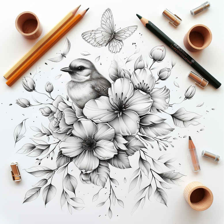 Black and grey pencil sketch of a floral bouquet with a butterfly; tattoo design concept, project for ink work, not ideal for cover-up.