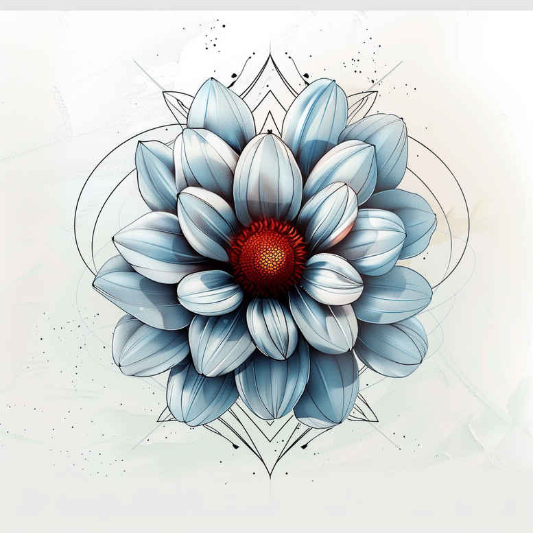 Blue lotus flower with geometric mandala rings in blue tones and a red center; project idea; suitable for cover-up.