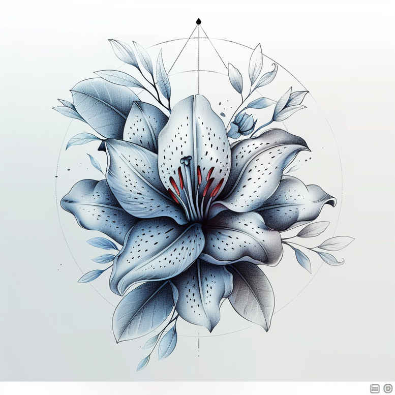 Blue lotus with subtle grey-blue shading and leaves; a tattoo project idea featuring fine line geometric linework.