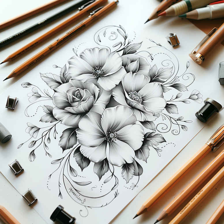 Black and grey pencil sketch of blooming flowers on white paper; tattoo design idea; cover-up suitable.
