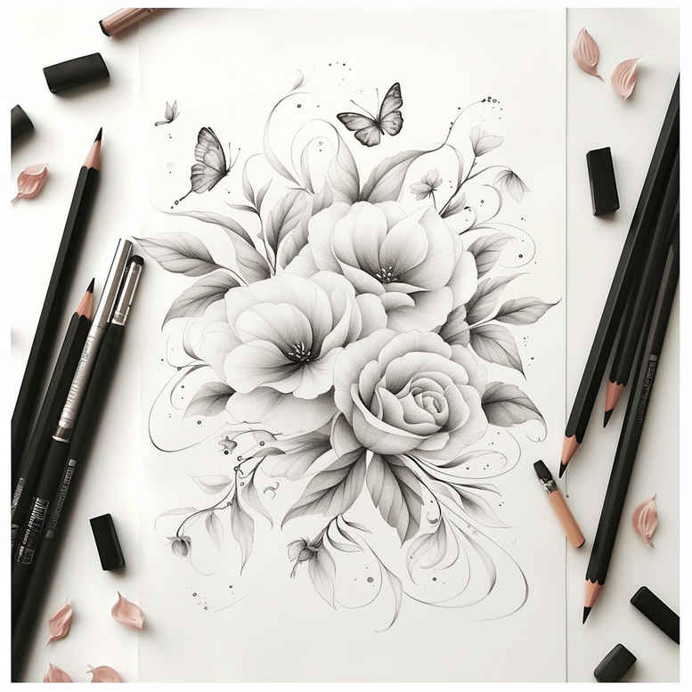 Black and grey pencil drawing of a flower bouquet on paper, with pencils nearby; a tattoo design concept.