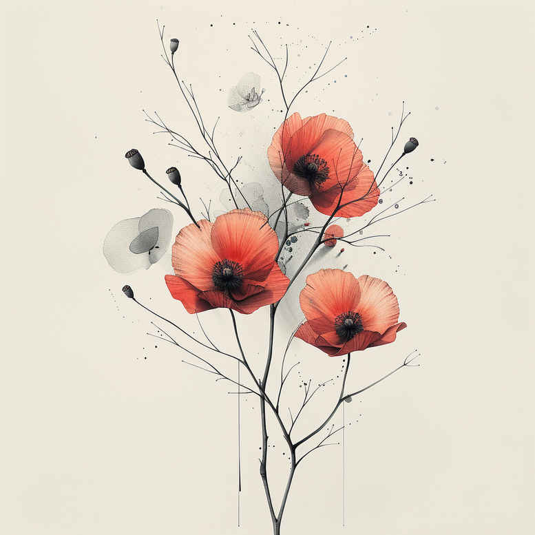 Colorful watercolor poppies with red petals and dark stems on a pale background; tattoo design idea, color, not intended for cover-up.