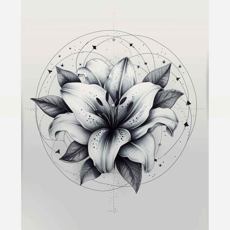 Lotus flower in black and grey tones inside a geometric circle; fine line shading; tattoo design concept for cover-up; AI-generated tattoo project.