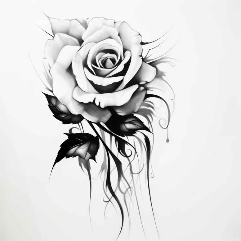 Rose with stem and leaf in black and grey tones; tattoo design project.