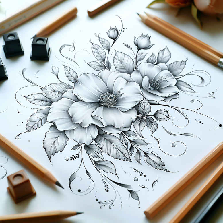 Flower in black and grey pencil sketch with leaves; a tattoo design idea and AI-generated project.