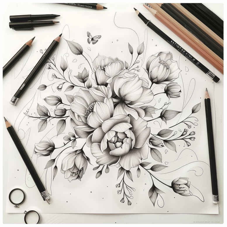 Black and grey floral bouquet sketch featuring a large bloom with leaves, surrounded by pencil, scissors, ruler, and paper—tattoo design idea, suitable for cover-up.