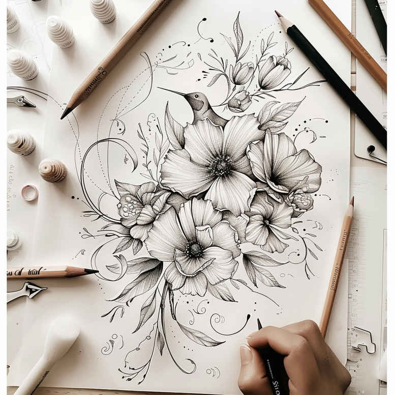Flower sketch in black and grey pencil on paper; hand visible; tattoo design idea, suitable for cover-up.