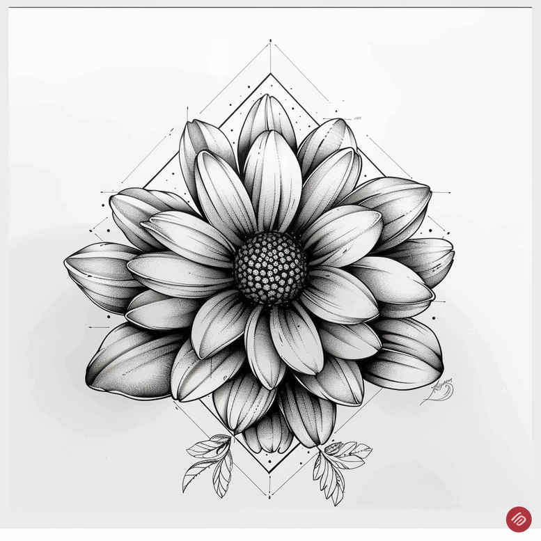 Black and grey geometric flower with layered petals and diamond accents; tattoo design concept, project idea, not ideal for cover-up.