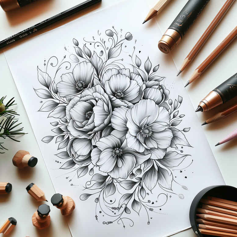 Rose bouquet drawing in black and grey lines; tattoo design idea and project concept for a fine-line floral ink.