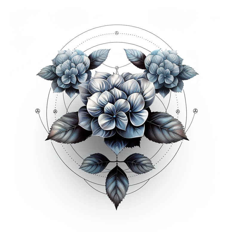Blue-gray hydrangea flowers with leaves and concentric geometric rings; project idea; suitable for cover-up: no.