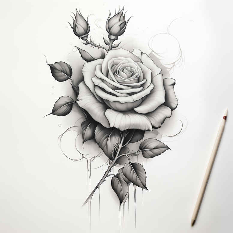 Rose with stem, thorns, and leaves in black and grey sketch; tattoo design idea, suitable for a cover-up.