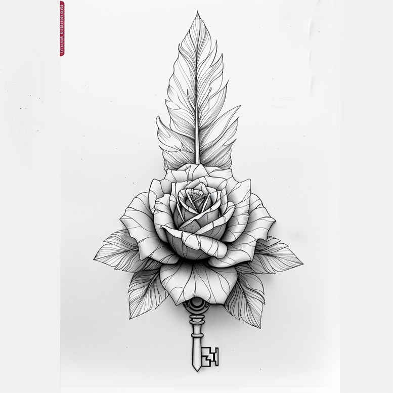 Rose with a feather backdrop and a dagger pendant in black and grey; tattoo project idea, cover-up suitable.