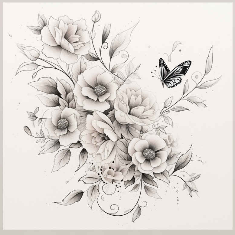 Black and grey rose bouquet with butterfly; project idea for a tattoo design, suitable for a cover-up.
