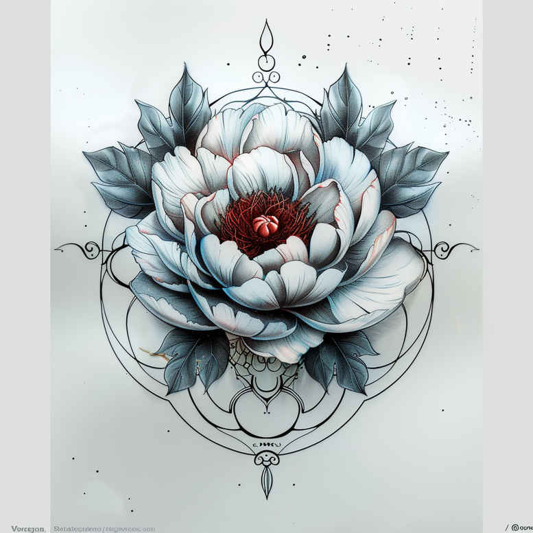 Lotus and mandala linework with blue-gray petals and red center; a tattoo design concept (idea), project-ready and suitable for a cover-up.