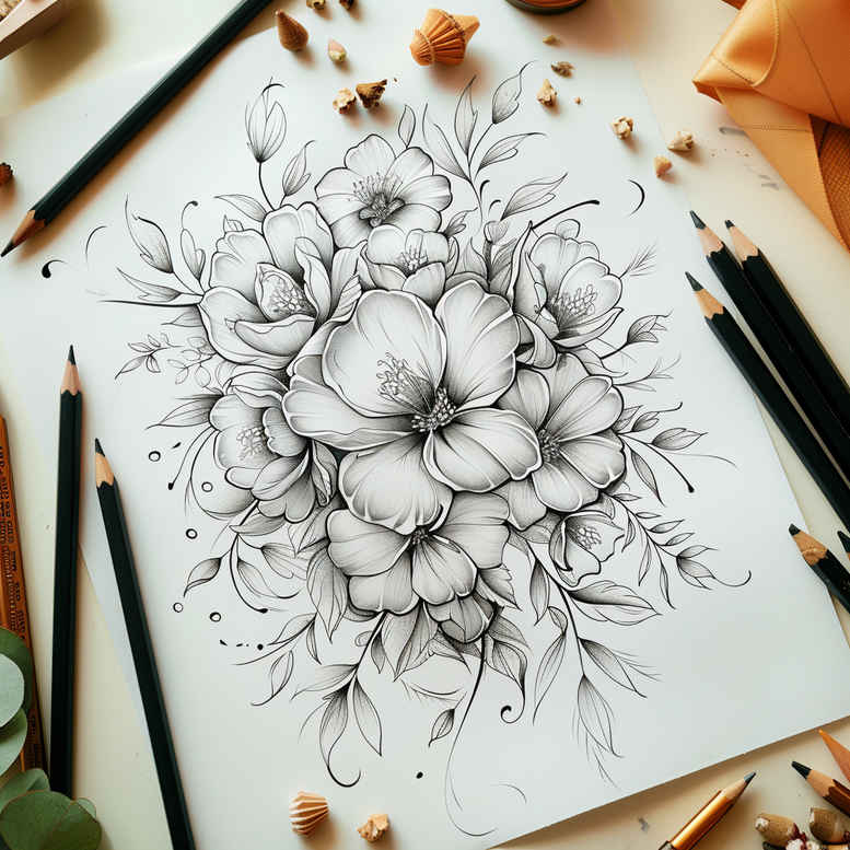 Black and grey pencil sketch of a bouquet of peonies on paper; tattoo design concept, project idea; not ideal for cover-up.