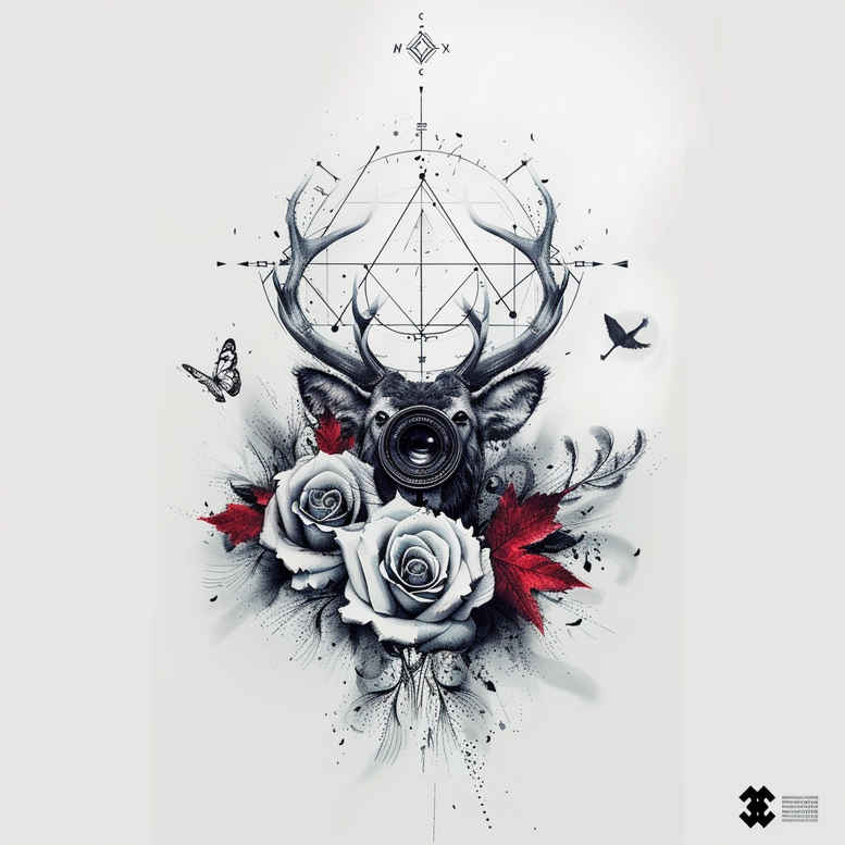 Geometric mandala frame around a deer skull with antlers, white rose blossoms, and birds; black and grey shading; tattoo project idea; cover-up ready.