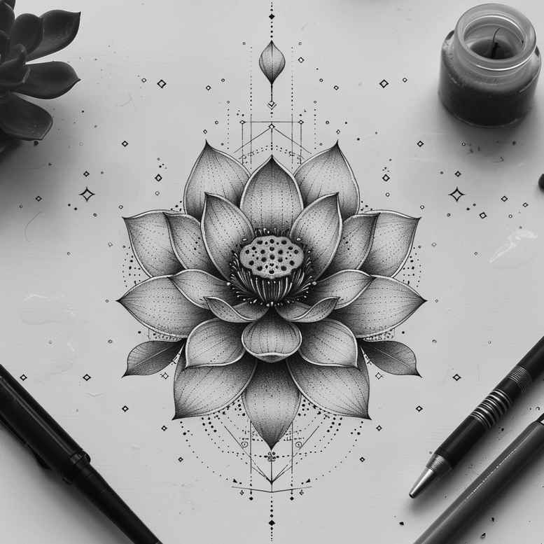 Lotus flower with geometric mandala petals in black and grey linework; tattoo design idea with ink bottle and pen on white paper, suitable for a cover-up.