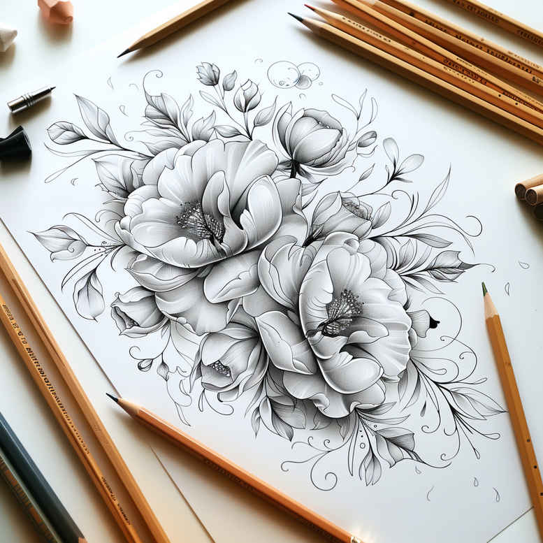 Graphite sketch of a floral bouquet with large blossoms and leaves in black and grey tones, a refined tattoo design concept.