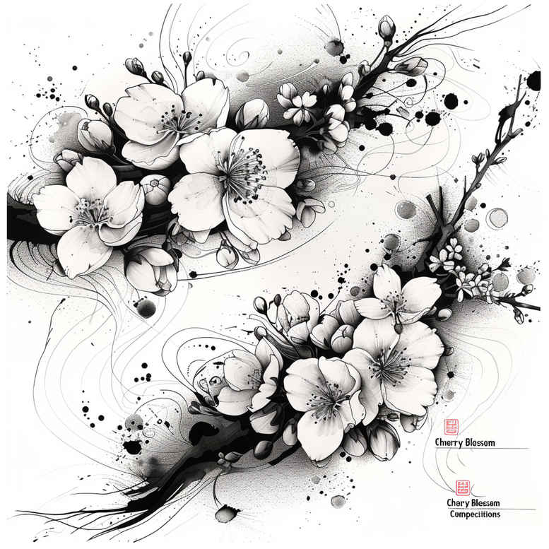 Black and grey floral tattoo project with detailed flowers, branches, and ink splatters; suitable for a cover-up.