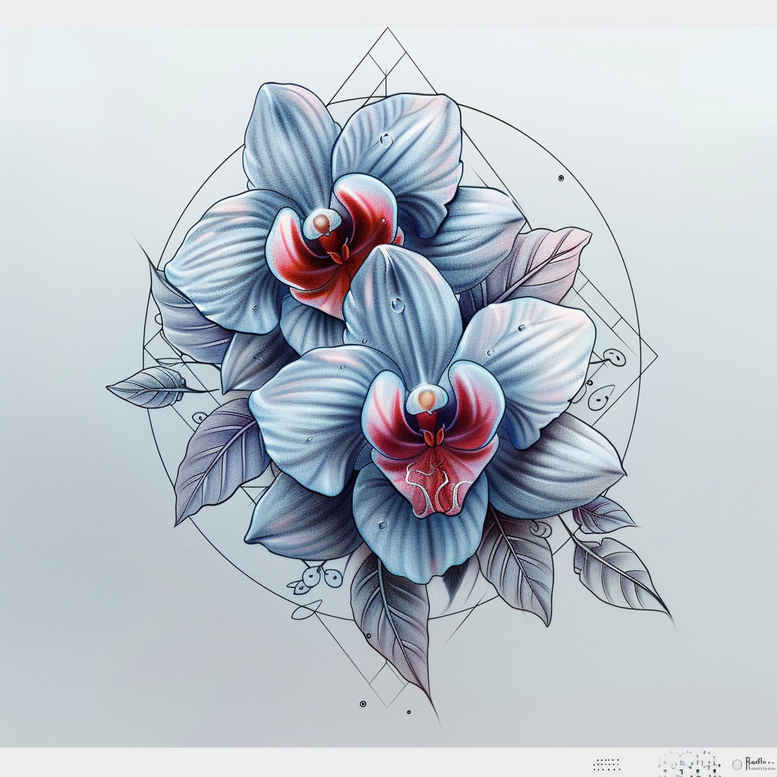 Orchid tattoo design concept: blue flowers with red centers, leaves, and geometric circles; color project idea, not ideal for cover-up.