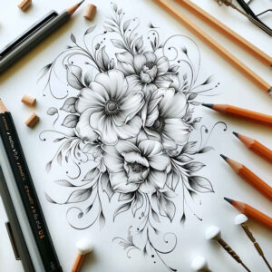 delicate-flowers tattoo design ideas monochrome minimalist for shin