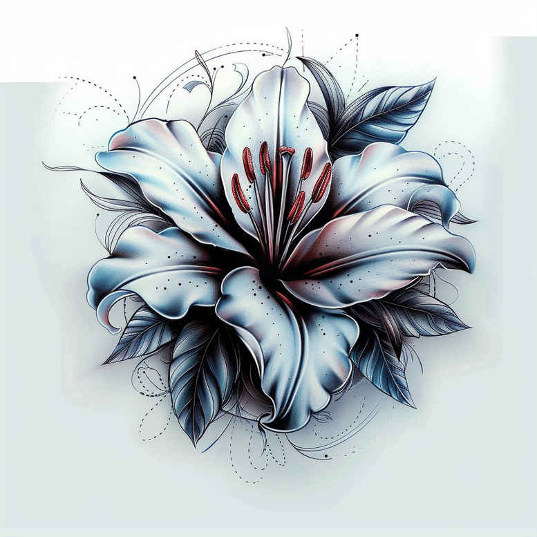 Lily flower with blue-white petals and red center, black and grey shading; project concept suitable for cover-up.