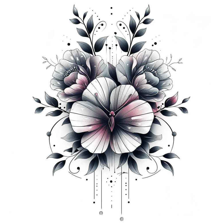 Watercolor floral bouquet with pink petals and grey leaves on white background; shows multiple blossoms and trailing foliage as a tattoo design concept.