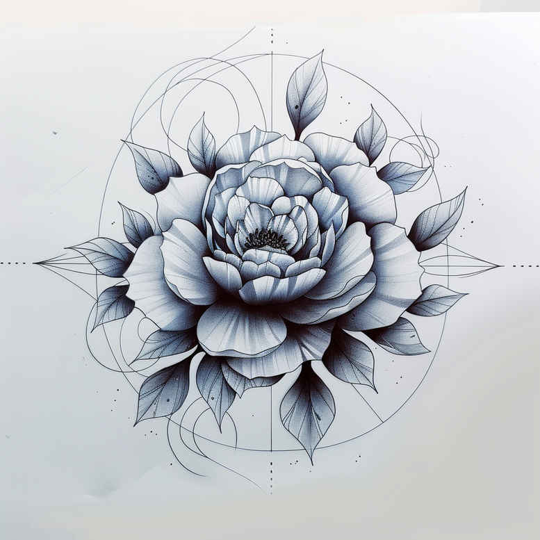Black and gray peony with leaves and circular guidelines; tattoo design idea for a project.