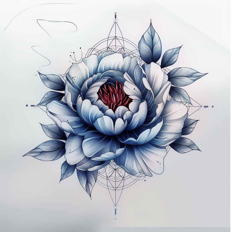 Blue lotus with red center and blue petals, geometric pattern lines and mandala accents; color tattoo concept, project idea, not a cover-up.