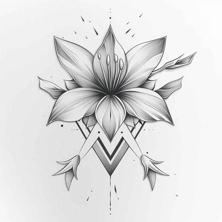 Lotus, diamond chevrons, and leaves in black and grey; AI-generated tattoo design concept featuring a geometric pattern.