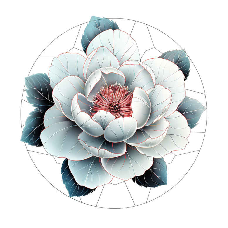 Lotus flower with pale white petals and pink center, blue-green leaves, and a geometric circle mandala backdrop; AI-generated tattoo project concept.
