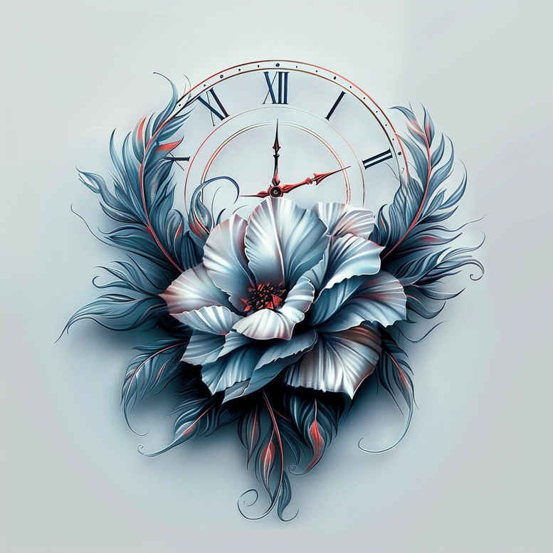 Clock and lotus flower in blue-grey tones with subtle shading; tattoo project concept; not specifically for cover-up.