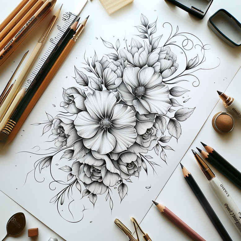 Flower, pencil, and paper in black and grey; tattoo sketch concept for a cover-up.