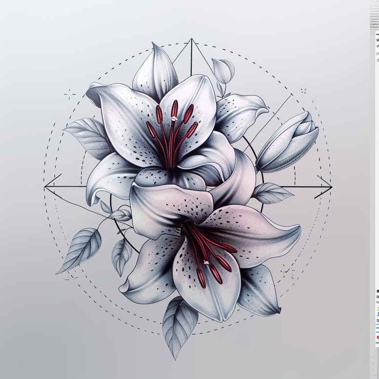 Flower in grayscale with geometric lines; tattoo design concept; cover-up suitable.