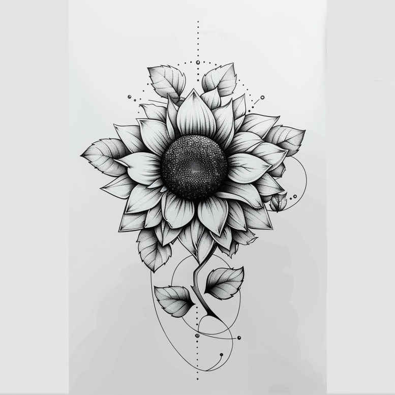 Sunflower with center disk, petals, stem, and leaves in black and grey; tattoo design idea project; not specifically for cover-up.