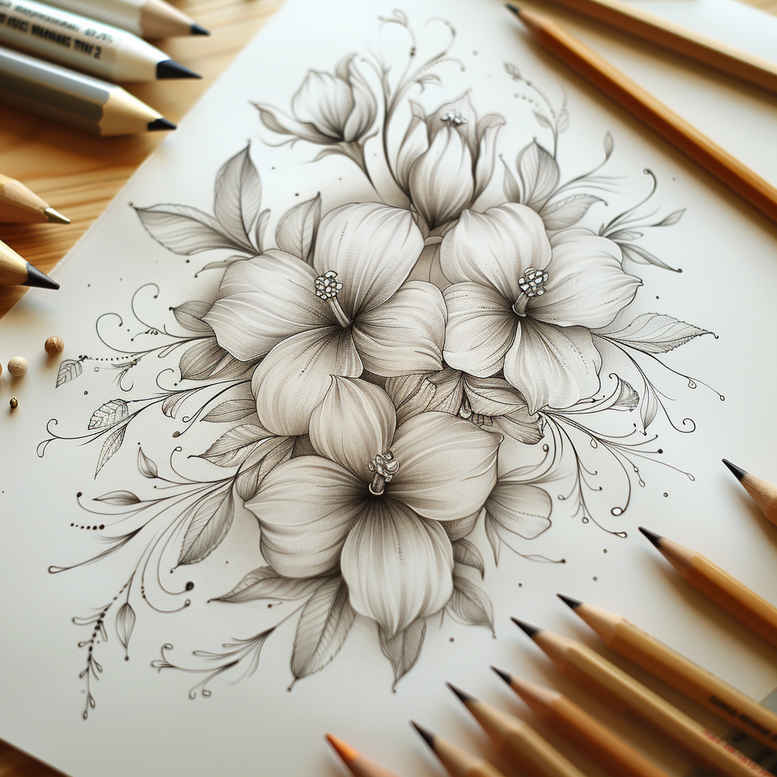 Black and grey pencil sketch of a floral cluster on paper; tattoo design idea, not specifically for cover-up.