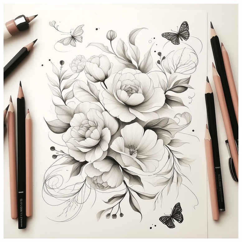 Black and grey pencil sketch of a floral bouquet with roses, leaves, and butterflies; tattoo design idea; AI-generated project; suitable for cover-up.