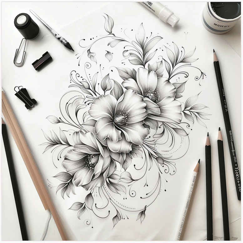 delicate-flowers tattoo design ideas slender soft petals for chest