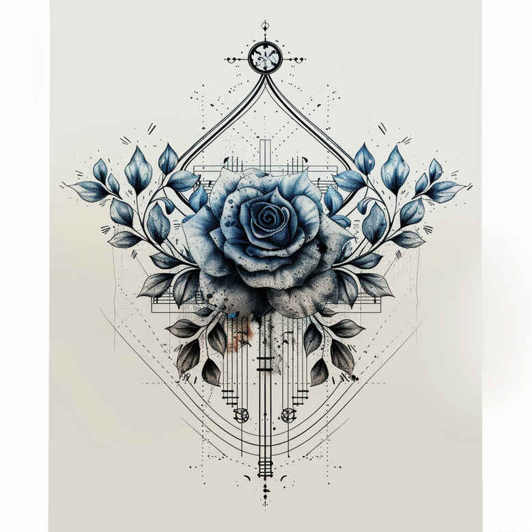 Blue rose with grey leaves framed by a geometric arch and compass-like lines; black and grey tattoo design idea, project, suitable for cover-up.