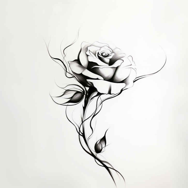 Black and grey fine line rose tattoo sketch with flowing stem and leaves; tattoo project idea.