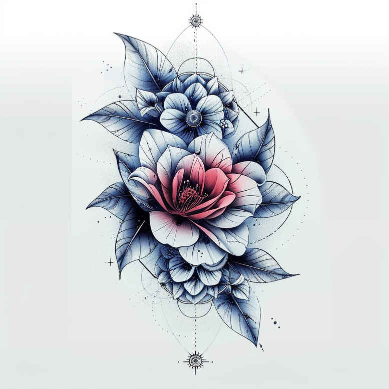 Lotus, petals, leaves, geometry, and mandala: color tattoo design, blue leaves and pink petals; AI-generated tattoo project; not a cover-up.