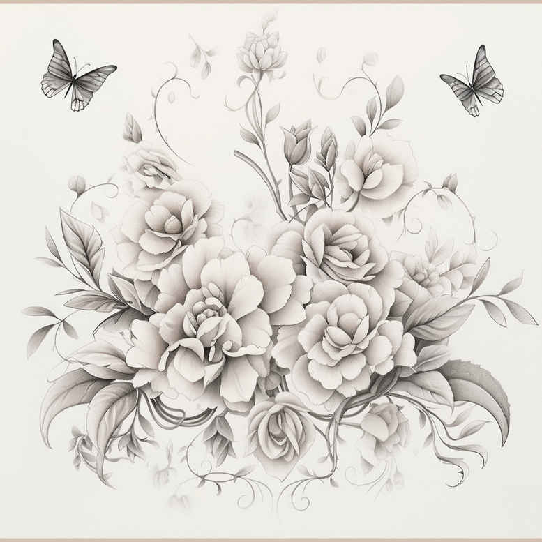 Black and grey tattoo idea featuring a bouquet of roses and flowers with leaves and petals; a fine-line floral design; project concept; not specifically for cover-up.