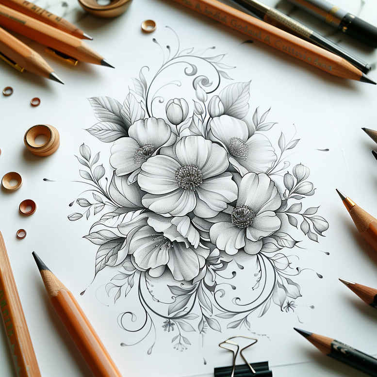Elegant pencil sketch of a flower bouquet with leaves and ornamental swirls in black and gray; AI-generated tattoo design concept, a project for tattoo design; suitable for cover-up: no.