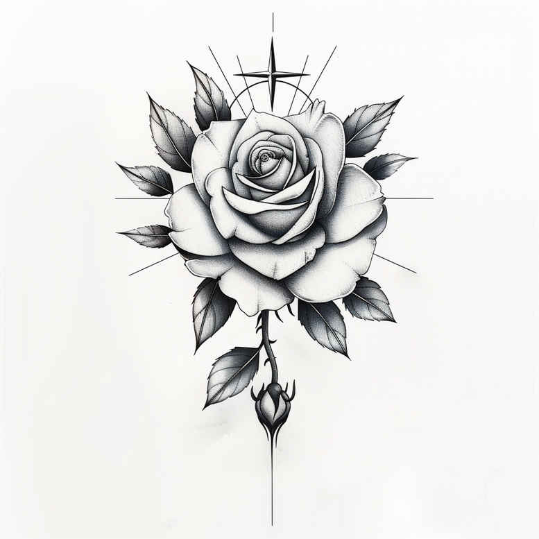 Rose with stem and leaves in black and grey tones; tattoo design project; suitable for cover-up.