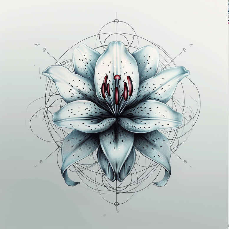 Lotus blossom with blue-grey shading and geometric pattern lines, black ink, fine line style; AI-generated tattoo concept for a sophisticated pattern.