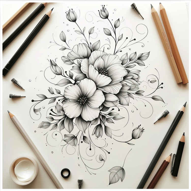 Black and grey floral bouquet sketch on white paper with pencils around; tattoo design concept, project idea, suitable for a cover-up.