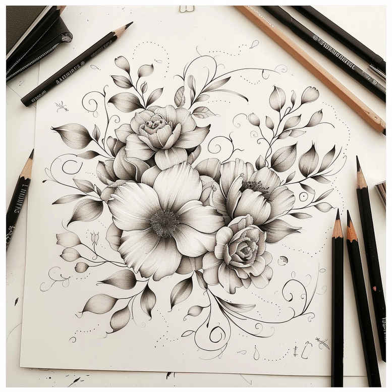 Flower, petal, leaf, pencil; black and grey pencil sketch; project idea for tattoo design; suitable for cover-up.